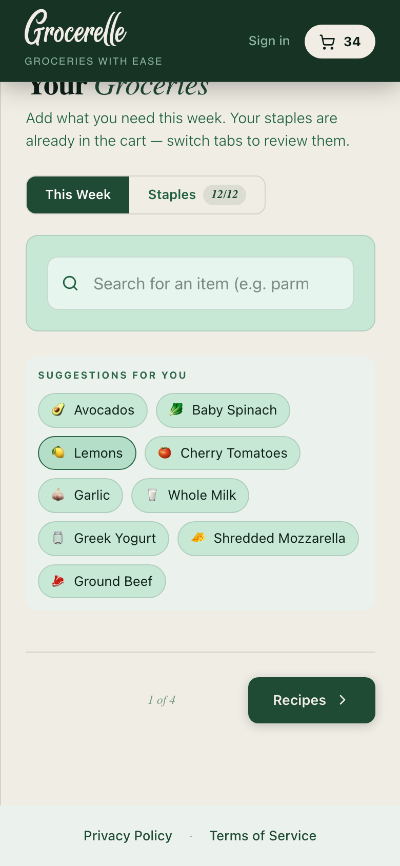 Grocerelle Groceries step with This Week and Staples tabs, staples already counted in the cart