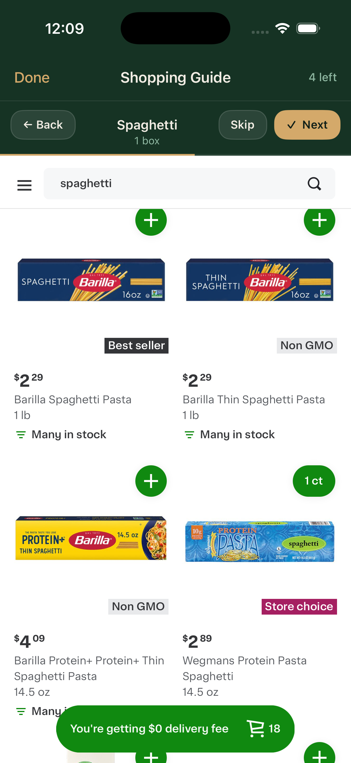 Native Instacart shopping guide showing brand and size options for an item