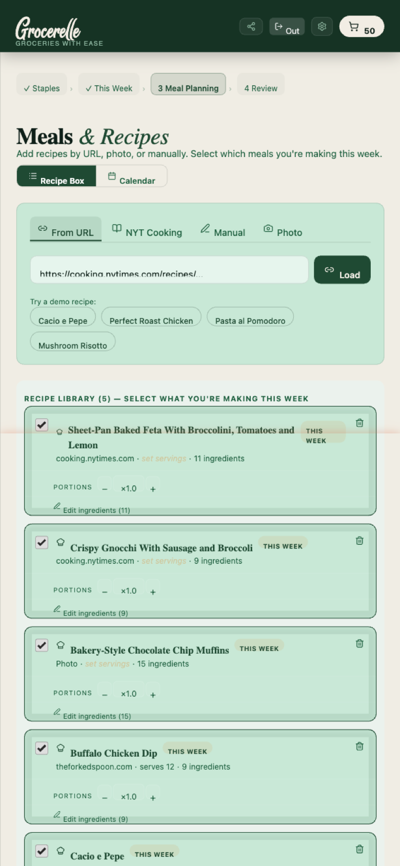Recipe Box view showing saved recipes