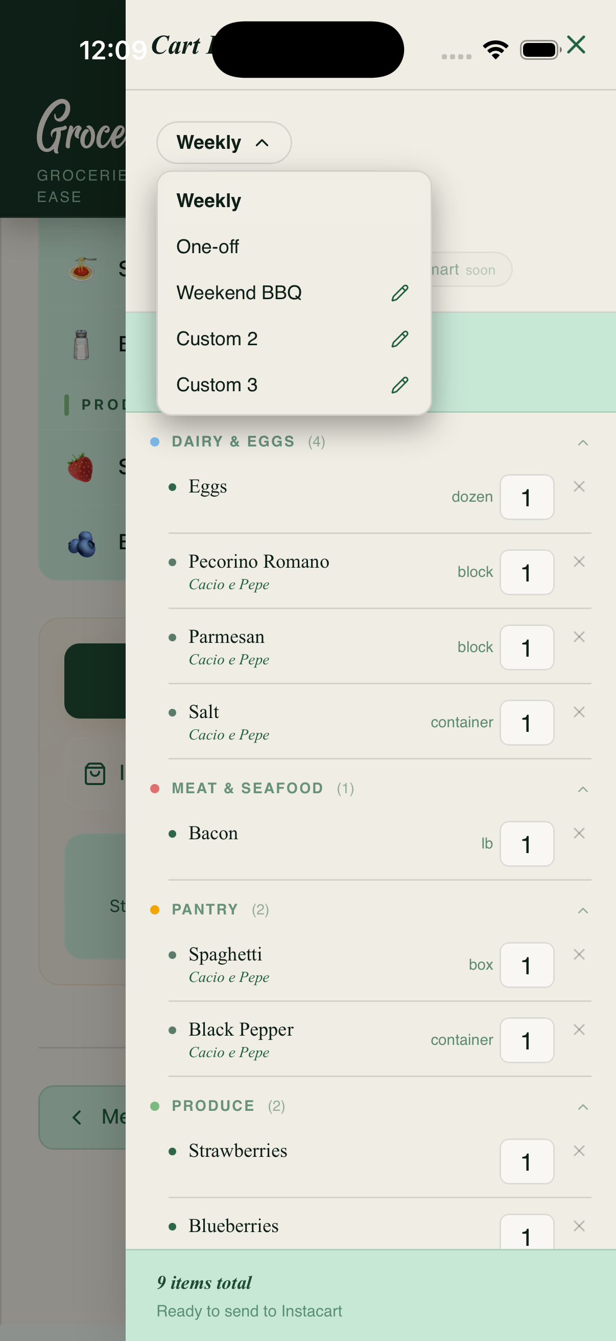 Cart switcher dropdown showing Weekly, One-off, and three Custom cart slots