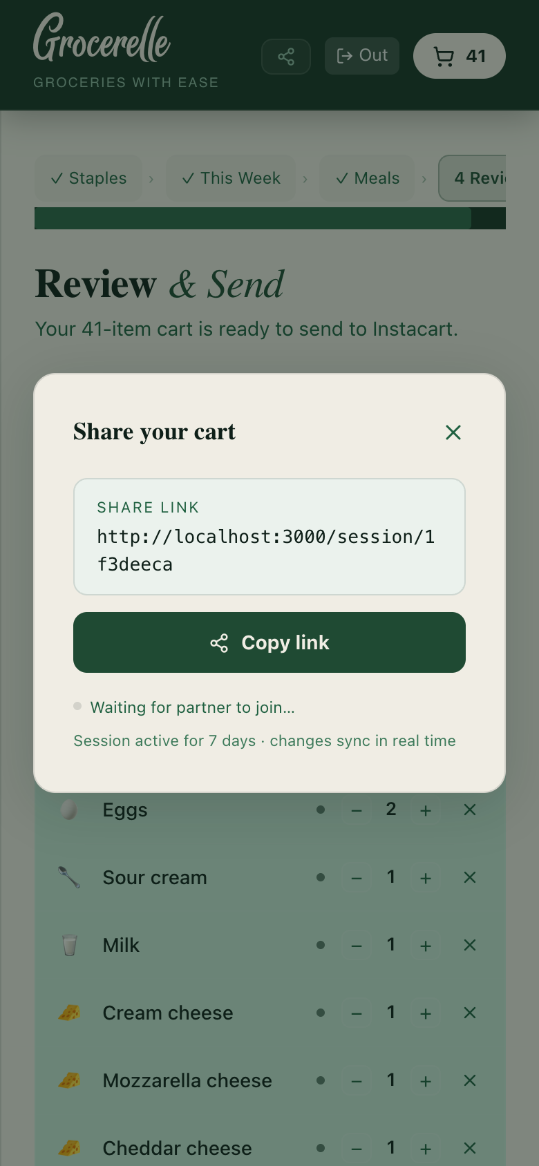 Share your cart modal showing a live link and partner online status